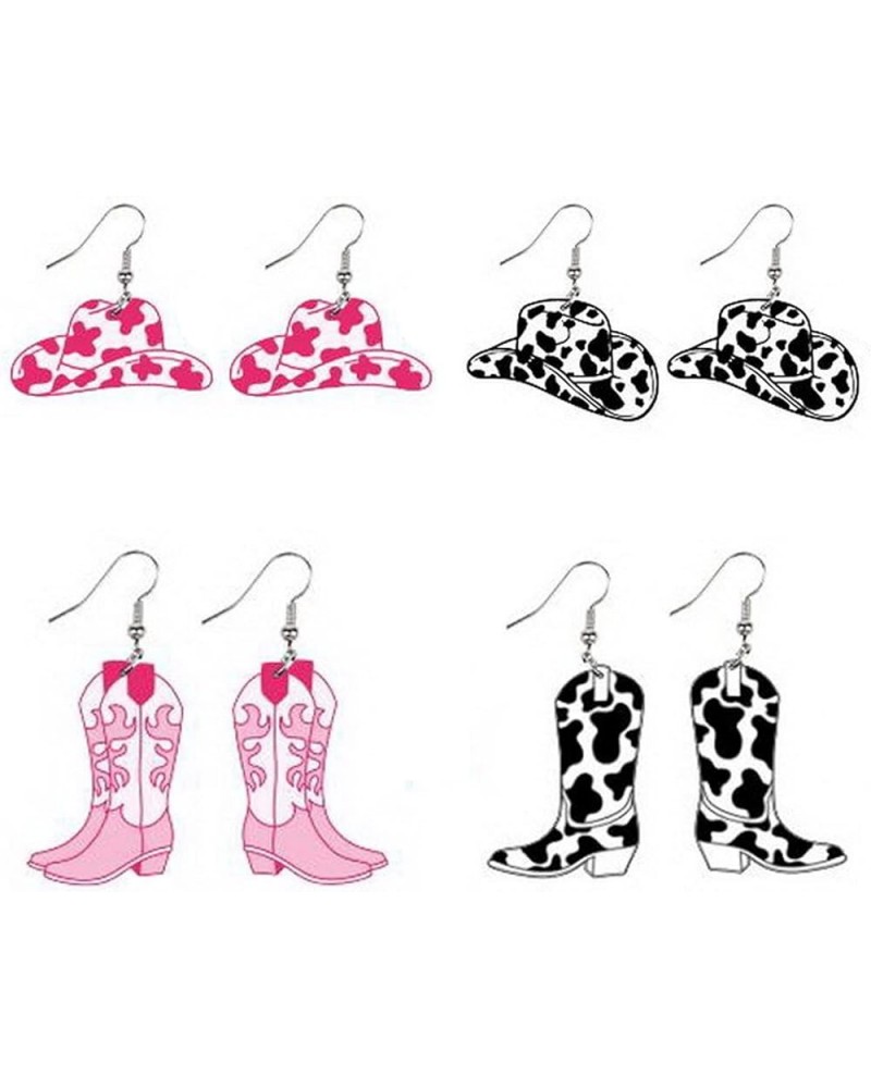 4 Pairs Cowgirl Cowboy Boot Earrings Cute Western Drop Dangle Earrings Pink Black Howdy Cowgirl Cowboy Hat Earrings for Women...