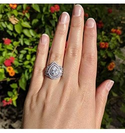 Sterling Silver Cubic Zirconia Dainty Two Piece Pear and Marquise Two Piece Pear Shaped Halo Engagement Ring CZ Trio Ring Sta...