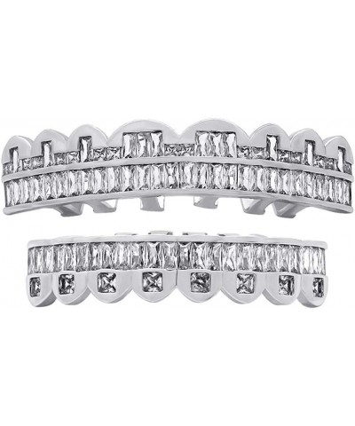 Diamond Grillz Teeth for Men Women 18K Gold Silver Plated 8 Top Teeth & 8 Bottom Tooth Silver $13.16 Body Jewelry