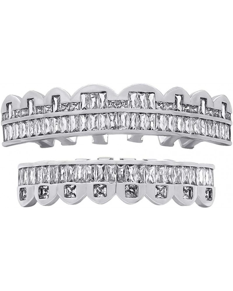 Diamond Grillz Teeth for Men Women 18K Gold Silver Plated 8 Top Teeth & 8 Bottom Tooth Silver $13.16 Body Jewelry