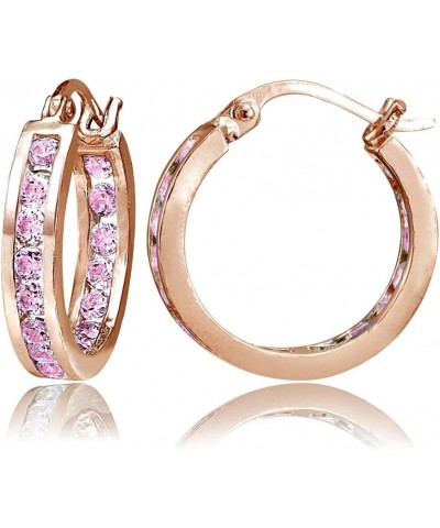 925 Sterling Silver Pink Cubic Zirconia Inside Out Channel-Set Round Click-Top Hoop Earrings for Women Teen Girls 15mm-Pink/R...