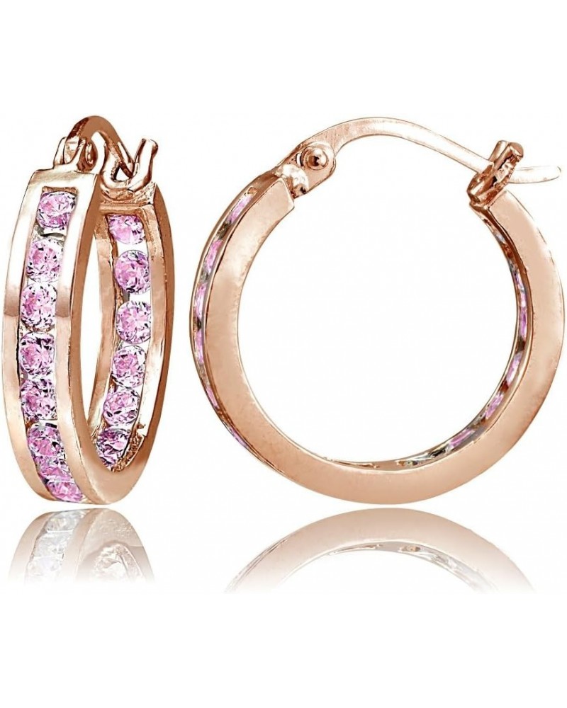 925 Sterling Silver Pink Cubic Zirconia Inside Out Channel-Set Round Click-Top Hoop Earrings for Women Teen Girls 15mm-Pink/R...