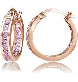 925 Sterling Silver Pink Cubic Zirconia Inside Out Channel-Set Round Click-Top Hoop Earrings for Women Teen Girls 15mm-Pink/R...