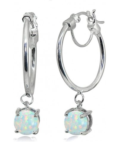 Sterling Silver Round Hoop Earrings with Dangling Genuine, Created or Simulated Gemstones Synthetic White Opal $16.10 Earrings