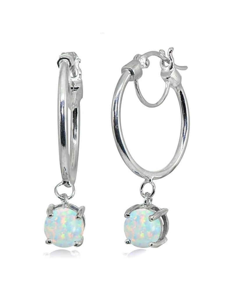 Sterling Silver Round Hoop Earrings with Dangling Genuine, Created or Simulated Gemstones Synthetic White Opal $16.10 Earrings