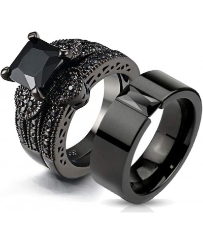 Couple Ring Bridal Sets His And Hers Women Black Gold Filled Square CZ Men Titanium Band Wedding Ring Band Set women's size 5...