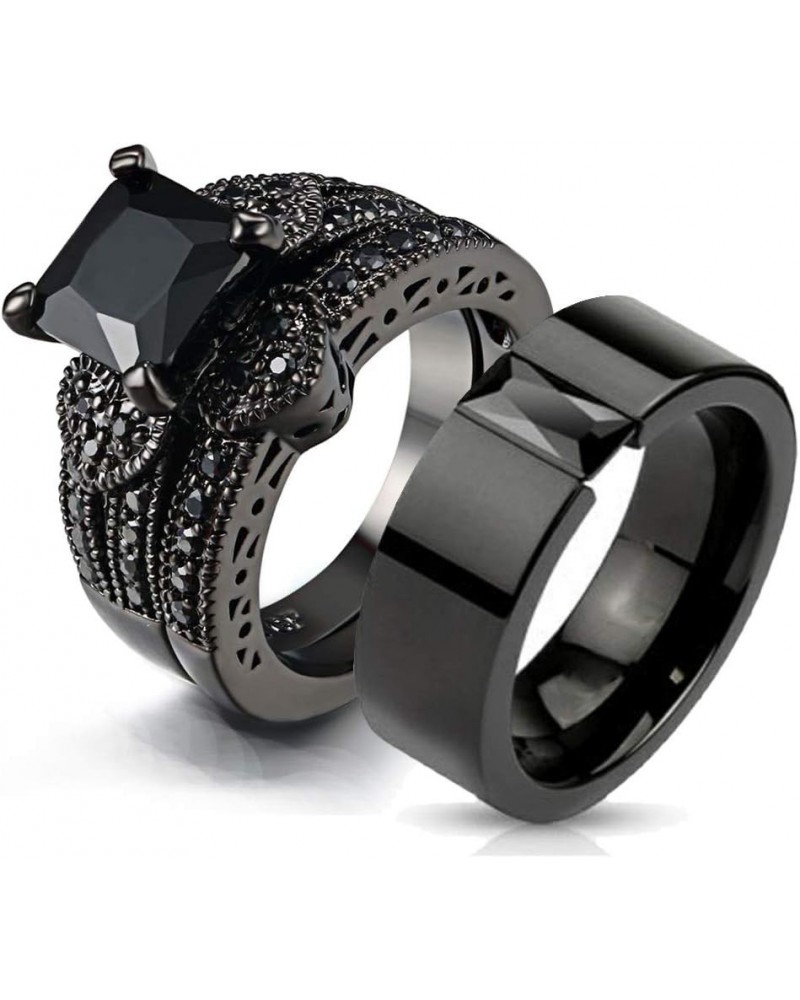 Couple Ring Bridal Sets His And Hers Women Black Gold Filled Square CZ Men Titanium Band Wedding Ring Band Set women's size 5...