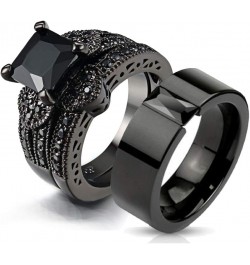 Couple Ring Bridal Sets His And Hers Women Black Gold Filled Square CZ Men Titanium Band Wedding Ring Band Set women's size 5...