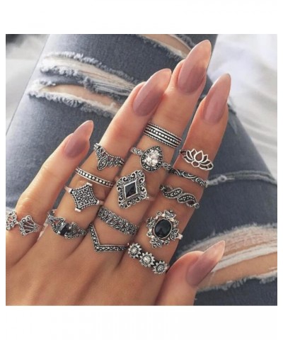 15 Pcs Vintage Silver Knuckle Ring Set for Women Hollow Lotus Geometry Black Gemstone Ring Set Retro Ladies Bohemian Stackabl...