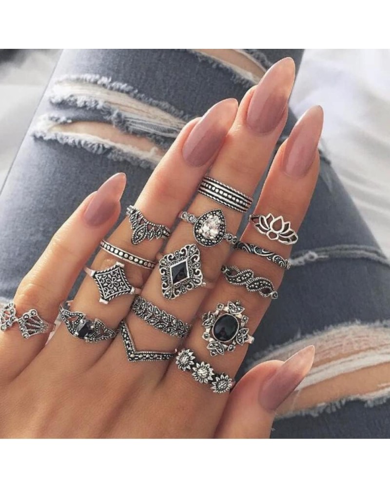 15 Pcs Vintage Silver Knuckle Ring Set for Women Hollow Lotus Geometry Black Gemstone Ring Set Retro Ladies Bohemian Stackabl...