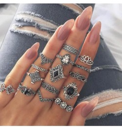 15 Pcs Vintage Silver Knuckle Ring Set for Women Hollow Lotus Geometry Black Gemstone Ring Set Retro Ladies Bohemian Stackabl...