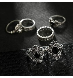 15 Pcs Vintage Silver Knuckle Ring Set for Women Hollow Lotus Geometry Black Gemstone Ring Set Retro Ladies Bohemian Stackabl...