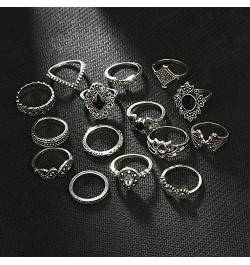 15 Pcs Vintage Silver Knuckle Ring Set for Women Hollow Lotus Geometry Black Gemstone Ring Set Retro Ladies Bohemian Stackabl...