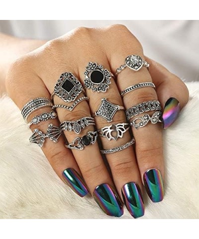 15 Pcs Vintage Silver Knuckle Ring Set for Women Hollow Lotus Geometry Black Gemstone Ring Set Retro Ladies Bohemian Stackabl...