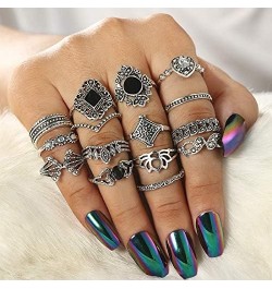 15 Pcs Vintage Silver Knuckle Ring Set for Women Hollow Lotus Geometry Black Gemstone Ring Set Retro Ladies Bohemian Stackabl...