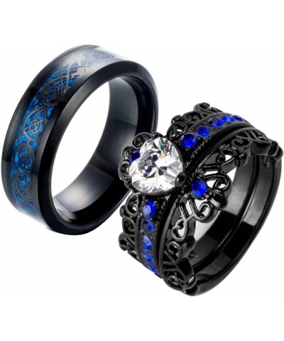 Couple Rings Black Plated Heart Blue Cz Womens Wedding Ring Sets Crown Ring Titanium Man Wedding Bands(Please Buy 2 Rings for...