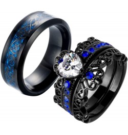 Couple Rings Black Plated Heart Blue Cz Womens Wedding Ring Sets Crown Ring Titanium Man Wedding Bands(Please Buy 2 Rings for...