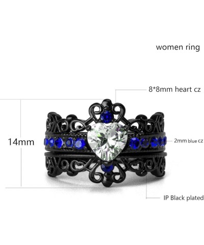 Couple Rings Black Plated Heart Blue Cz Womens Wedding Ring Sets Crown Ring Titanium Man Wedding Bands(Please Buy 2 Rings for...