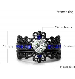 Couple Rings Black Plated Heart Blue Cz Womens Wedding Ring Sets Crown Ring Titanium Man Wedding Bands(Please Buy 2 Rings for...