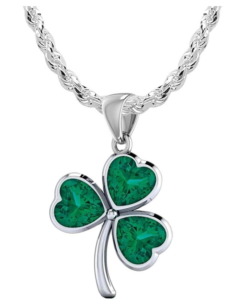 Ladies 925 Sterling Silver Simulated Emerald Irish Celtic Shamrock Pendant Necklace, 18in to 24in 20in 2.4mm Rope Chain $50.1...