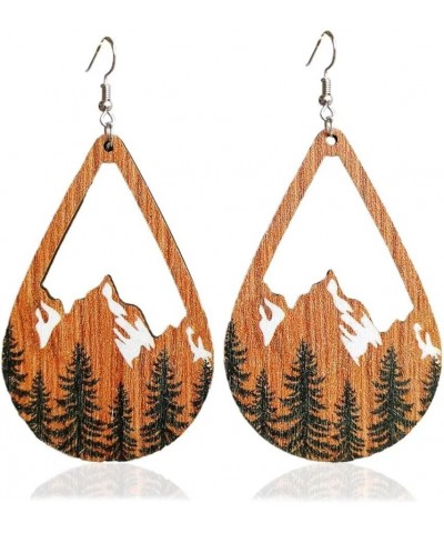 Handmade Bohemian Colorful Vintage Nature Wooden Mountain Dangle Drop Earrings, Hollow Landscape Painting Teardrop Round Hook...