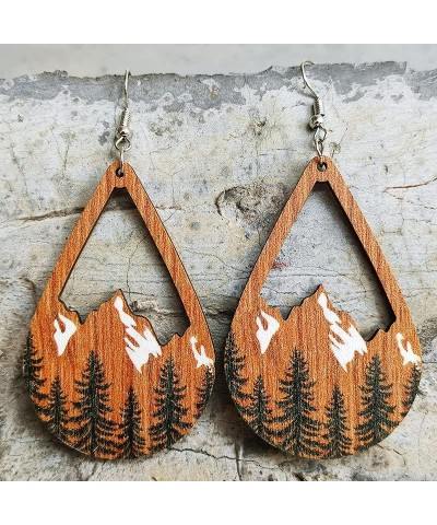 Handmade Bohemian Colorful Vintage Nature Wooden Mountain Dangle Drop Earrings, Hollow Landscape Painting Teardrop Round Hook...