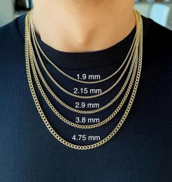 14K Real Gold Cuban Link Chain - 1.9mm 2.15mm 2.9mm 3.8mm 4.75mm Diamond Cut Concave Cuban Curb Chain Pendant Necklace For Me...