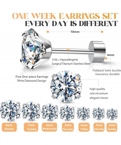 Silver Stud Earrings Set 7Pairs Hypoallergenic Cubic Zirconia Titanium Stainless Steel Silver Rose Gold Black CZ Cartilage He...