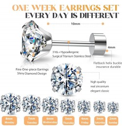 Silver Stud Earrings Set 7Pairs Hypoallergenic Cubic Zirconia Titanium Stainless Steel Silver Rose Gold Black CZ Cartilage He...