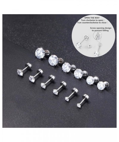 Silver Stud Earrings Set 7Pairs Hypoallergenic Cubic Zirconia Titanium Stainless Steel Silver Rose Gold Black CZ Cartilage He...