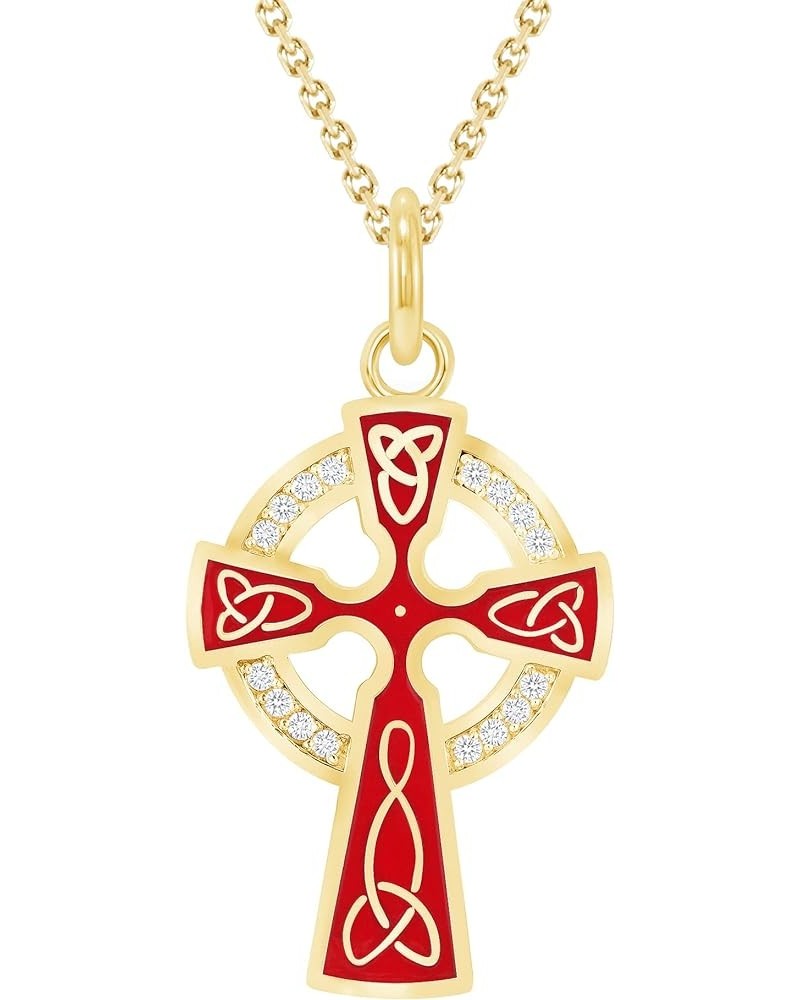 Celtic Cross Trinity Knot Pendant Necklace in Solid 14k Gold with Diamonds, Made in America 18" Necklace Red Enamel Yellow Go...