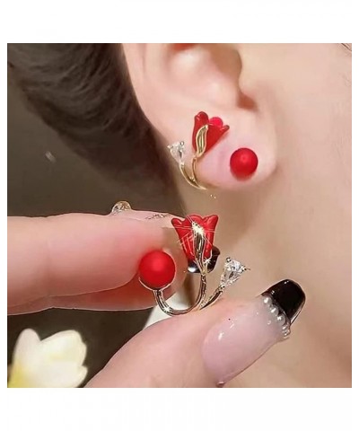 Fashion Shiny Rose Pearl Earrings, Sparkling Crystal Drop Earrings, Pearl Rose Earrings, Trendy (Red) Black $8.24 Earrings