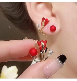 Fashion Shiny Rose Pearl Earrings, Sparkling Crystal Drop Earrings, Pearl Rose Earrings, Trendy (Red) Black $8.24 Earrings