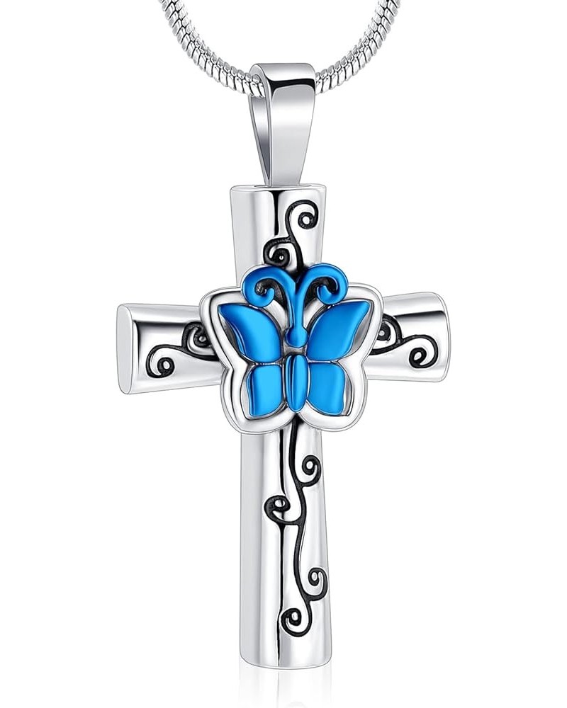 Urn Necklace for Ashes Rose Flower Cross Cremation Jewelry Pendant for Human/Pet Funeral Keepsake Memorial Necklace Silve-Blu...