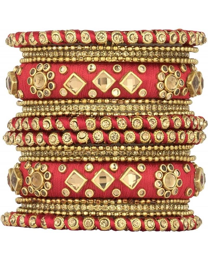 Ethnic Handmade Silk Thread Faux Stone Studded Bangle Set Bracelet Chudha Indian Jewellery Red1 2.8 inch $17.04 Bracelets