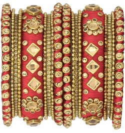 Ethnic Handmade Silk Thread Faux Stone Studded Bangle Set Bracelet Chudha Indian Jewellery Red1 2.8 inch $17.04 Bracelets