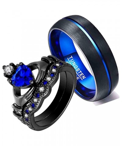 Couple Rings Black Gold Filled Heart Blue Cz Claddagh Ring Womens Wedding Ring Sets Man Tungsten Wedding Band Blue men size 1...