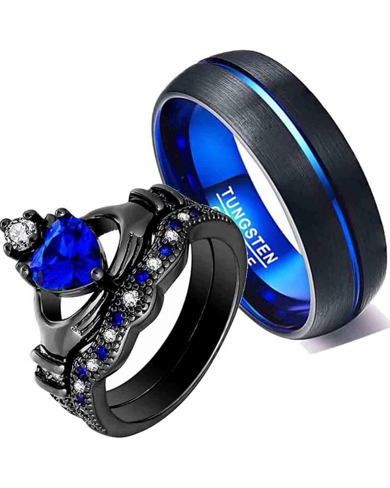 Couple Rings Black Gold Filled Heart Blue Cz Claddagh Ring Womens Wedding Ring Sets Man Tungsten Wedding Band Blue men size 1...