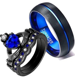 Couple Rings Black Gold Filled Heart Blue Cz Claddagh Ring Womens Wedding Ring Sets Man Tungsten Wedding Band Blue men size 1...