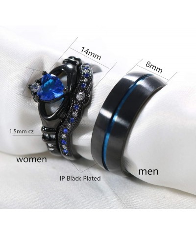 Couple Rings Black Gold Filled Heart Blue Cz Claddagh Ring Womens Wedding Ring Sets Man Tungsten Wedding Band Blue men size 1...