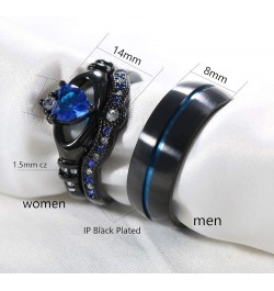 Couple Rings Black Gold Filled Heart Blue Cz Claddagh Ring Womens Wedding Ring Sets Man Tungsten Wedding Band Blue men size 1...