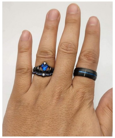 Couple Rings Black Gold Filled Heart Blue Cz Claddagh Ring Womens Wedding Ring Sets Man Tungsten Wedding Band Blue men size 1...