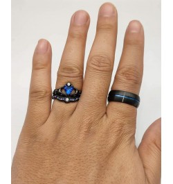 Couple Rings Black Gold Filled Heart Blue Cz Claddagh Ring Womens Wedding Ring Sets Man Tungsten Wedding Band Blue men size 1...