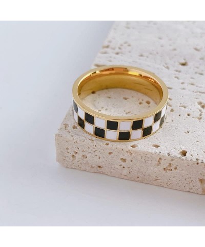 Checkerboard Bands Statement Finger Ring 14K Gold Black White Titanium steel Ring Size 5-10 8 $8.11 Rings