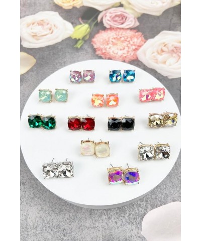 Sparkly Color Glass Post Earrings - Cushion Cut Solid, Square Lever, Round, Semi Precious Glitters Epoxy, For Women Crystal/R...