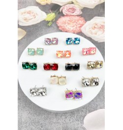 Sparkly Color Glass Post Earrings - Cushion Cut Solid, Square Lever, Round, Semi Precious Glitters Epoxy, For Women Crystal/R...