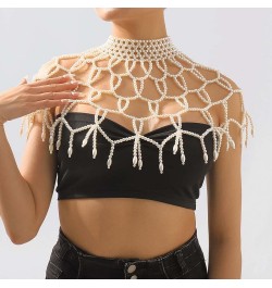 Pearls Body Chain Shawl Necklace Pearl Bra Shoulder Chain Top Beaded Backless Chest Chains Rave Outfit for Women Sexy Festiva...