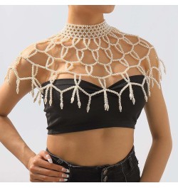 Pearls Body Chain Shawl Necklace Pearl Bra Shoulder Chain Top Beaded Backless Chest Chains Rave Outfit for Women Sexy Festiva...