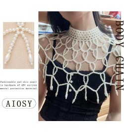 Pearls Body Chain Shawl Necklace Pearl Bra Shoulder Chain Top Beaded Backless Chest Chains Rave Outfit for Women Sexy Festiva...