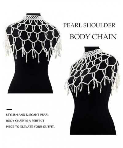 Pearls Body Chain Shawl Necklace Pearl Bra Shoulder Chain Top Beaded Backless Chest Chains Rave Outfit for Women Sexy Festiva...